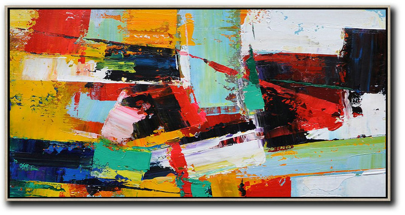 Extra Large Painting,Horizontal Palette Knife Contemporary Art Panoramic Canvas Painting,Oversized Art,White,Yellow,Red,Black.Etc